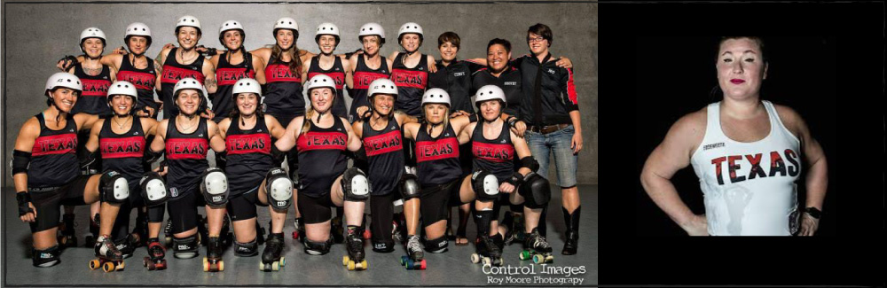 DeBella (featured in the center) with Texas Travel Team the Texecutioners in 2014. Photo taken by Roy Moore. Head Shot of DeBella DeBall, aka Lisa Benson, photo by Michele Hale