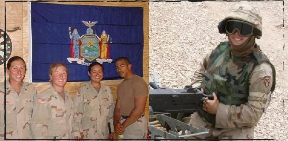 Lisa Benson with Sgt Labuda, Sgt Kulesz and Pfc Almenez, - we all hailed from NY and someone decided to take a picture of us by the flag. (photo supplied by Lisa Benson)