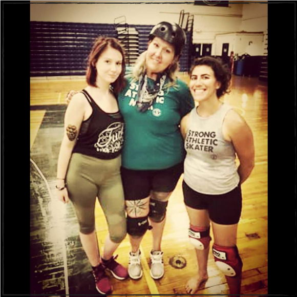 Wendy, her daughter and smarty pants at portland roller derby practice